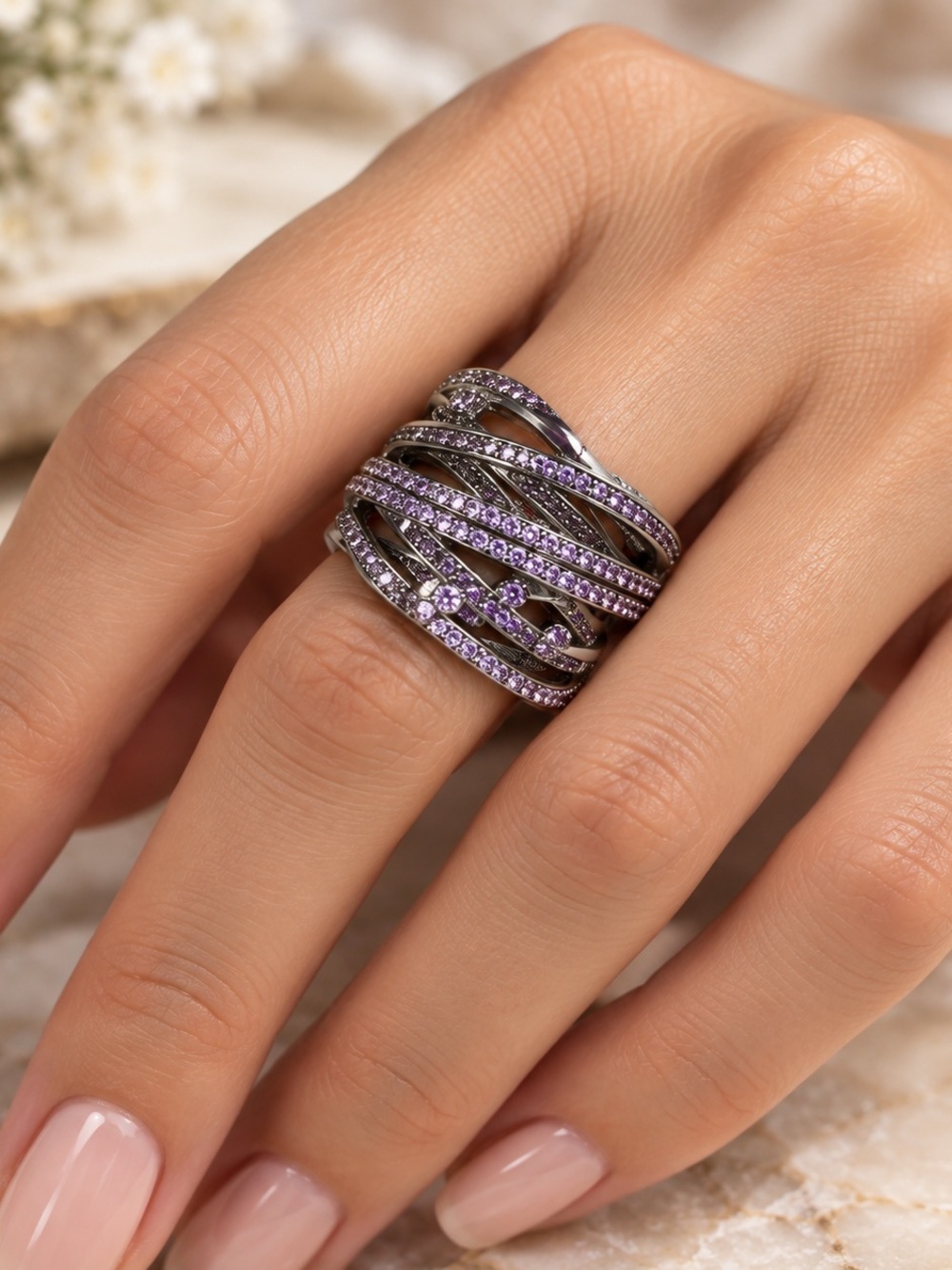 nOir Jewelry Silver Tone Purple Crystal Wrap Statement Ring NWT Sz 6 / 6.5